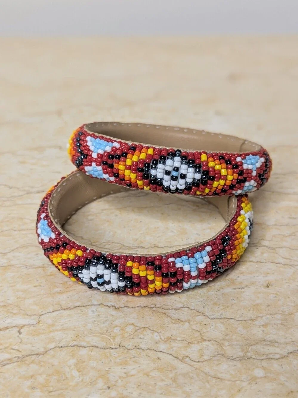 Vintage Handmade Pair Native American Colorful Beaded Round Bracelet Cuff